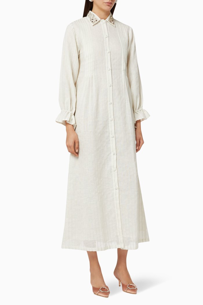 

Rhea Hand-Embroidered Collar Dress, Neutral