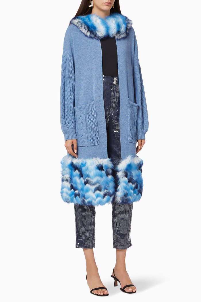 

Cable Sleeves Fur Trim Coat, Blue