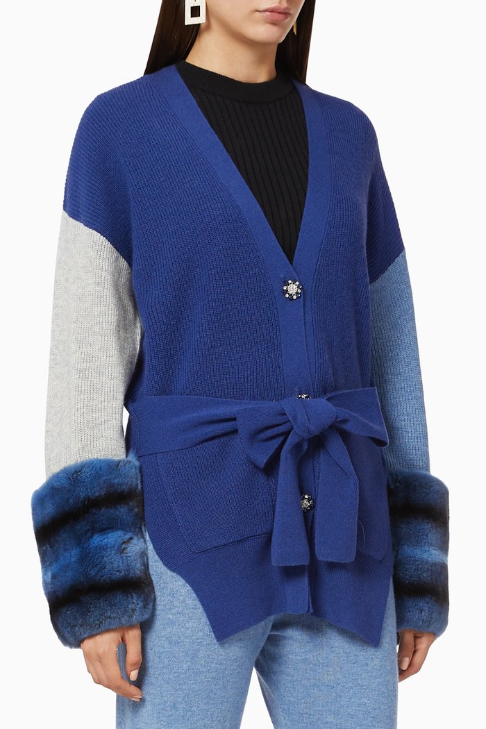 

Button Embellished Belted Cuff Cardigan, Blue