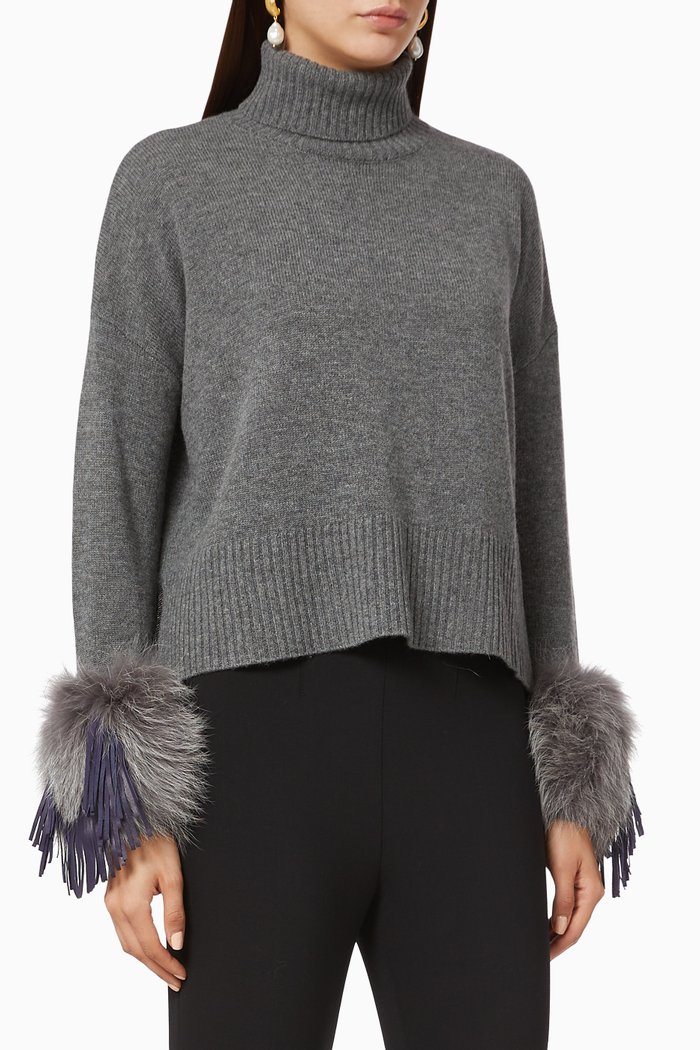 

Leather Tassel Cuff Cropped Sweater, Grey