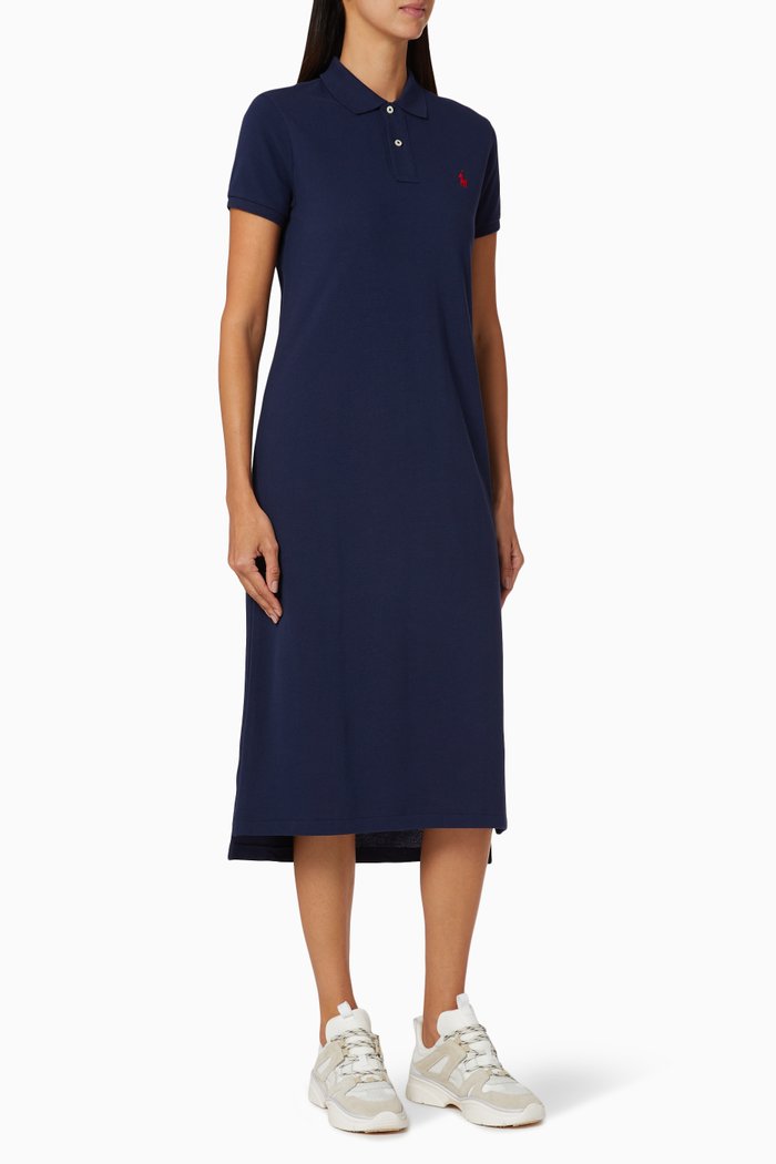 

Cotton Short-Sleeve Polo Shirtdress, Blue