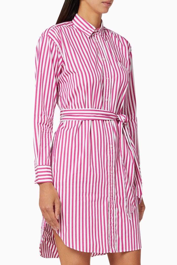 

Striped Cotton Belted Shirtdress, Pink