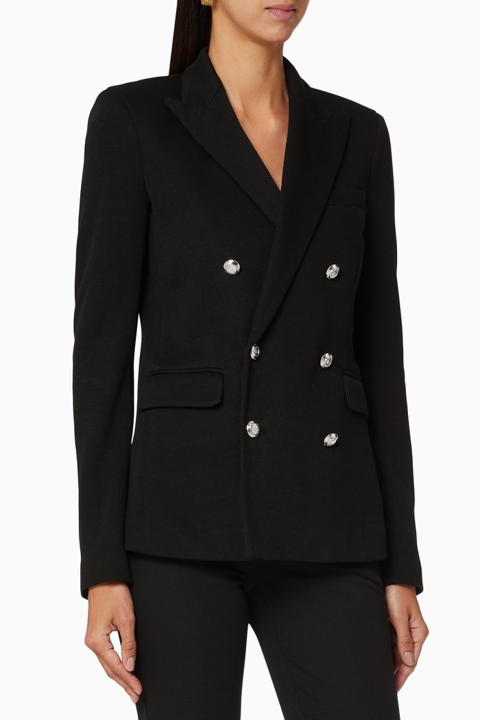 

Cotton-Viscose Knit Double-Breasted Blazer, Black