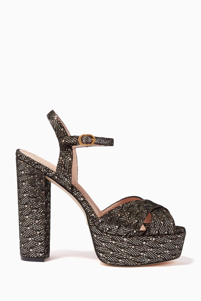

The Soliesse 130 Platform Sandals in Metallic Fabric, Black