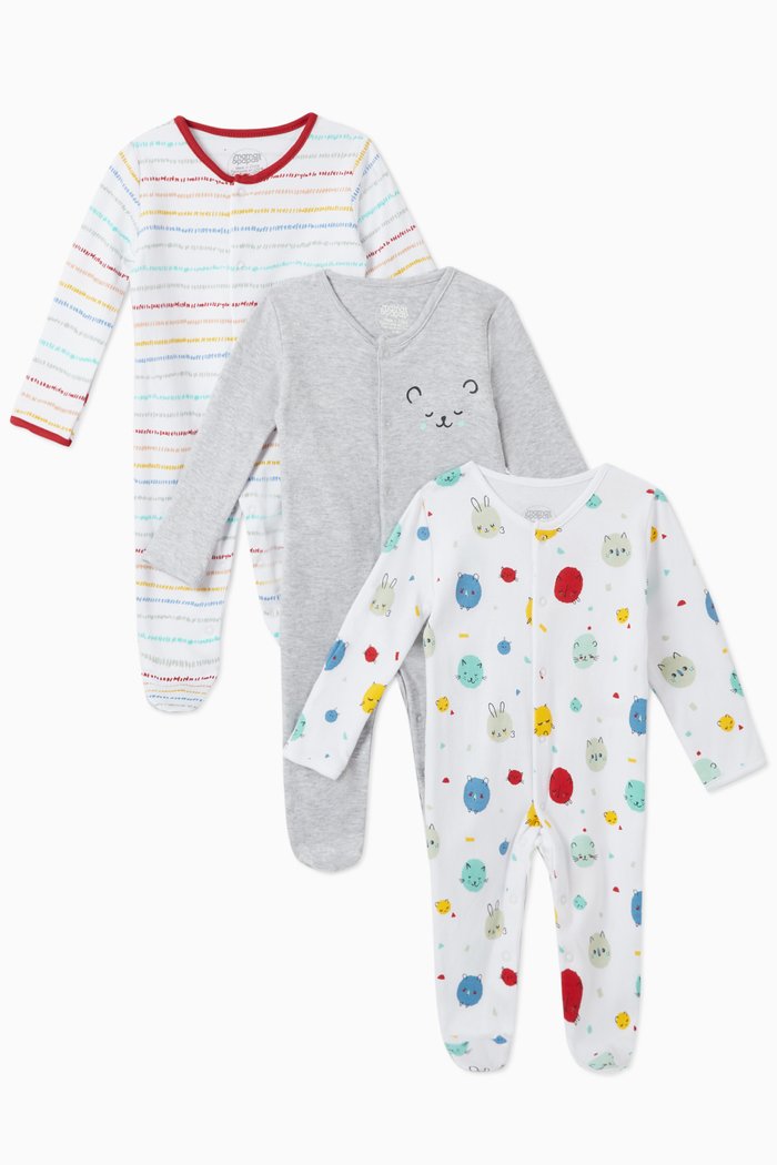 

Bear Cotton Sleepsuit, Set of 3, Multicolour