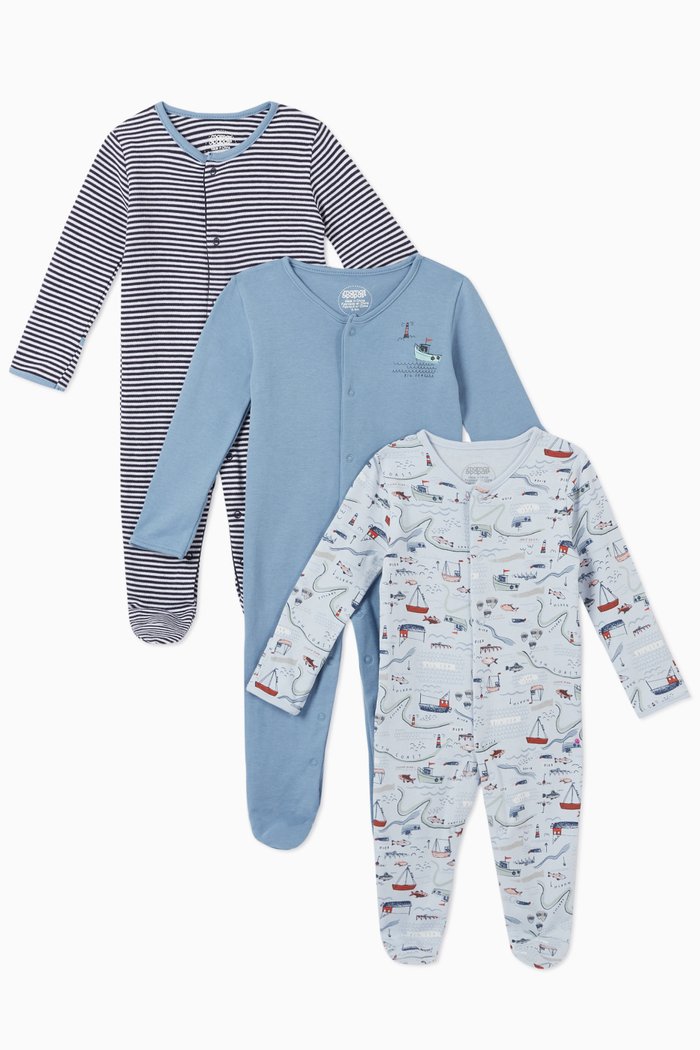 

Nautical Cotton Sleepsuit, Set of 3, Multicolour