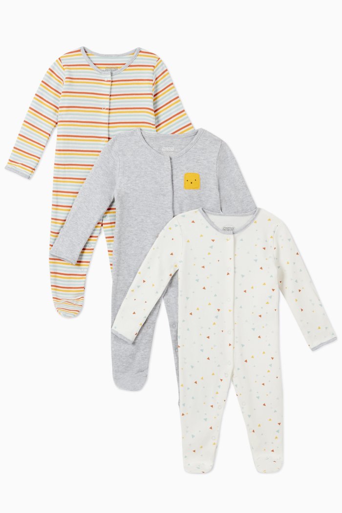 Shapes Cotton Sleepsuit, Set of 3, Multicolour