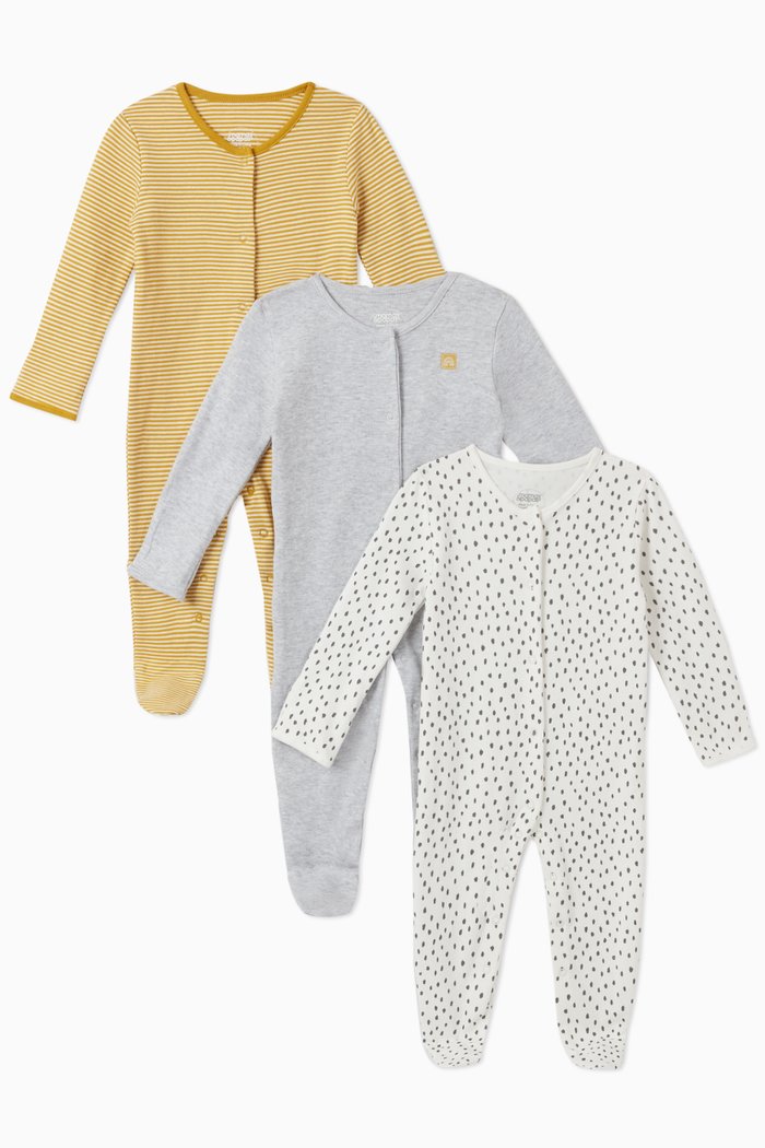 

Stripe Spot Cotton Sleepsuit, Set of 3, Multicolour