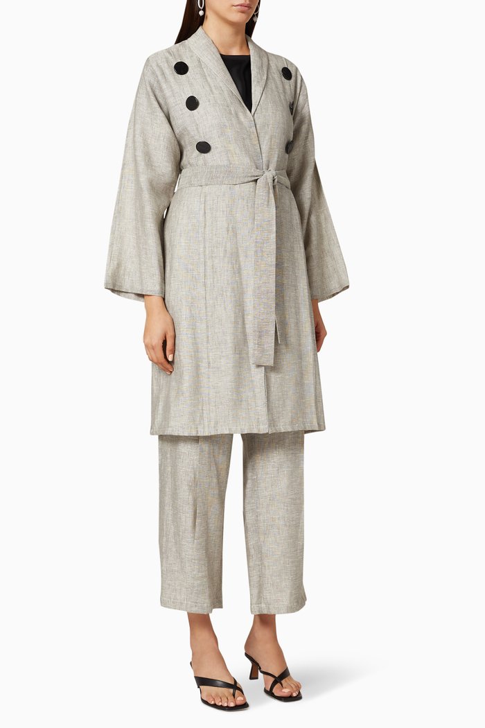 

Buttoned Linen Jacket & Pants Set, Grey