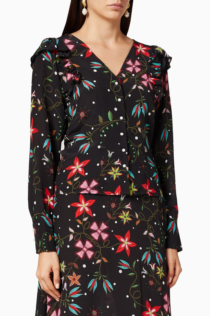 

Frilled Printed Silk Shirt, Black