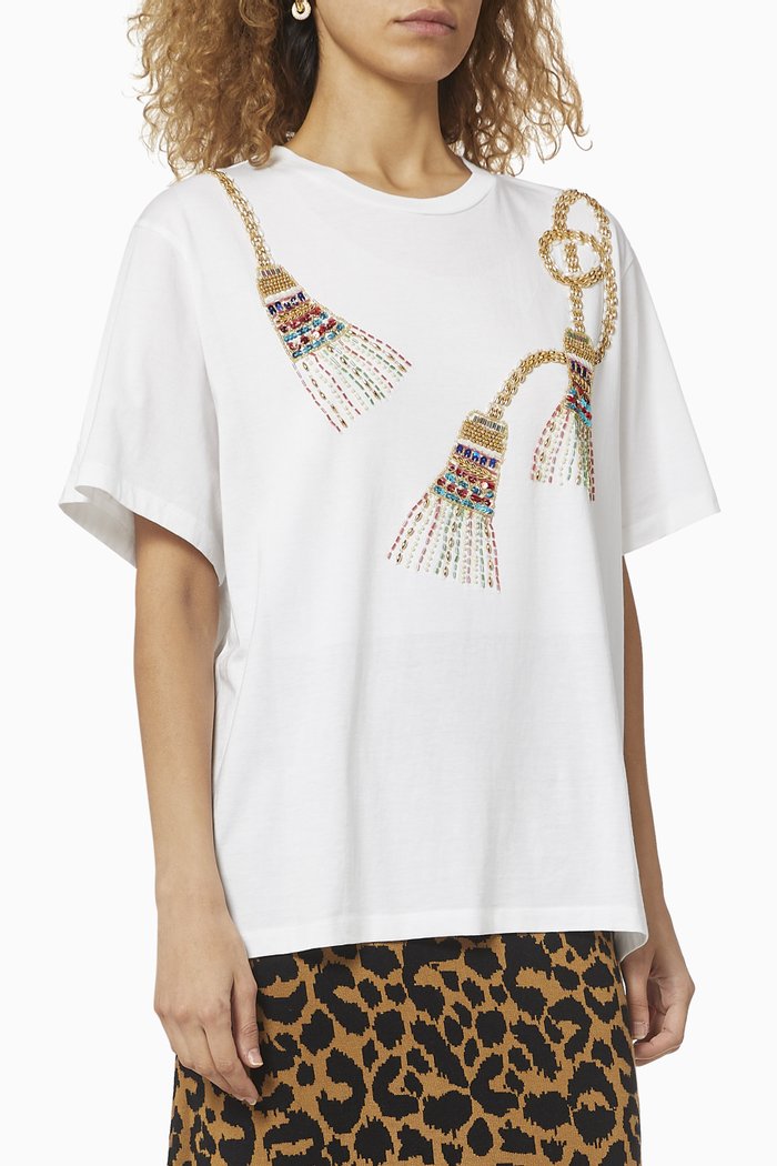 

Hand-Beaded Cotton T-Shirt, White