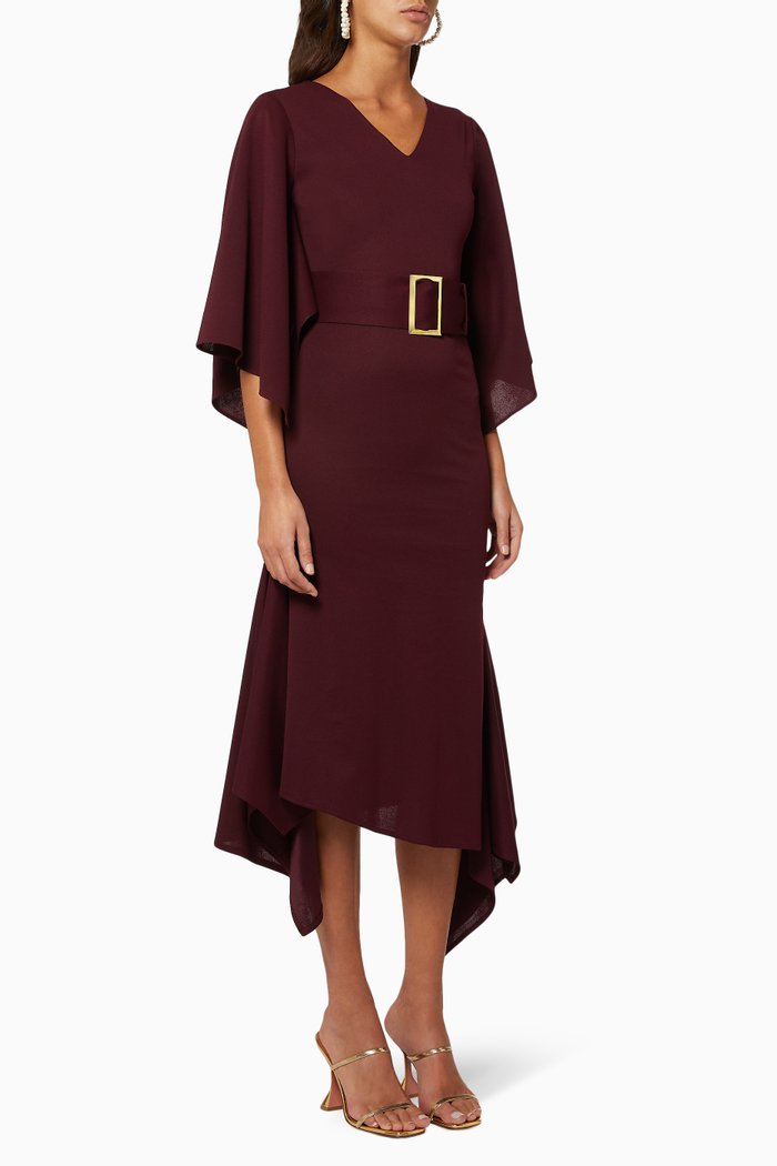 

Asymmetric Belted Dress, Burgundy