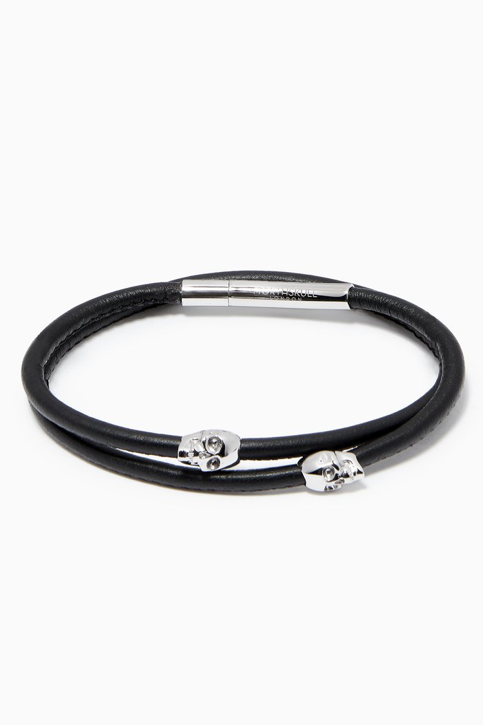 

Micro Atticus Skull Double Wrap Bracelet in Leather, Silver