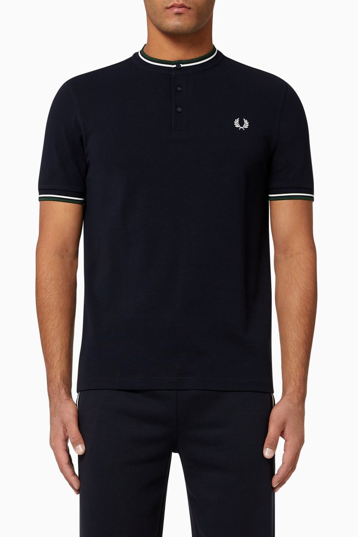 

Striped Neck Cotton Henley Shirt, Blue