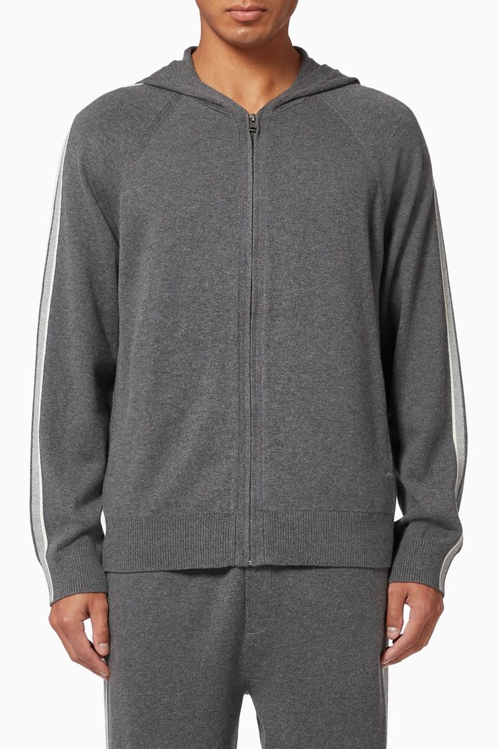 Cashmere Full Zip Cotton Hoodie, Grey