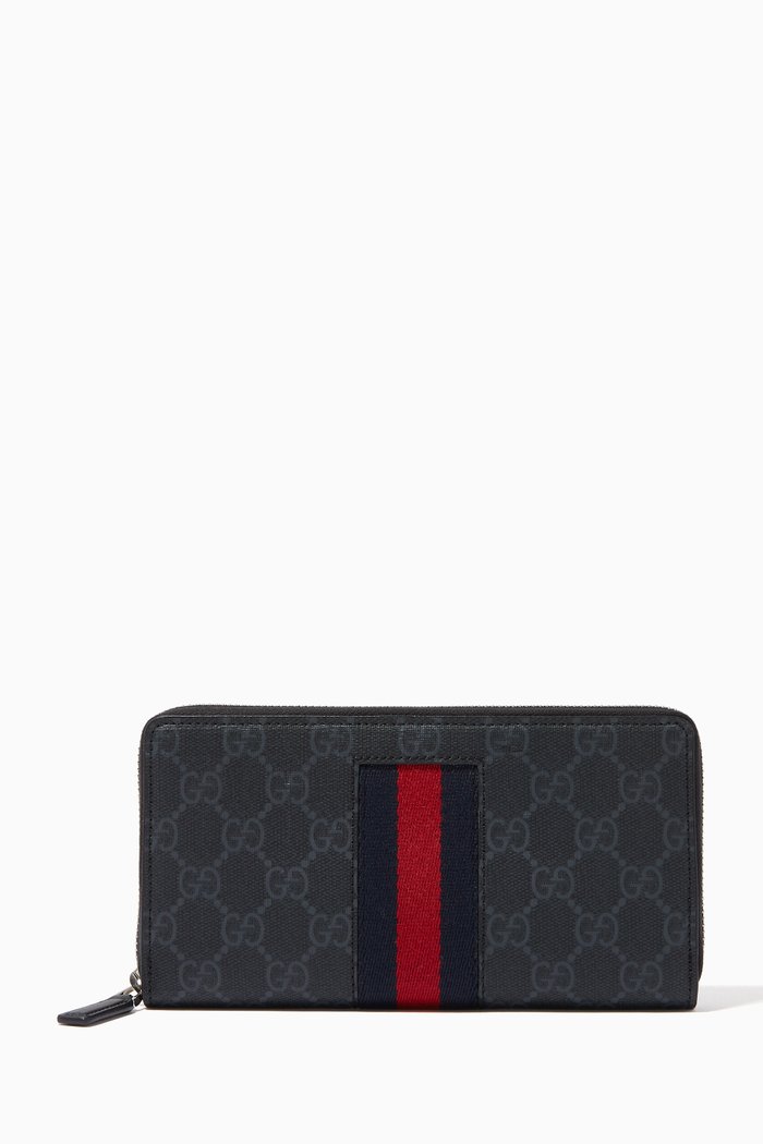 

GG Web Zip Around Wallet in Supreme Canvas, Black