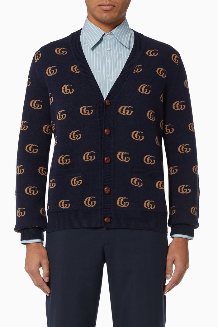 

Double G Jacquard Wool Cardigan, Blue