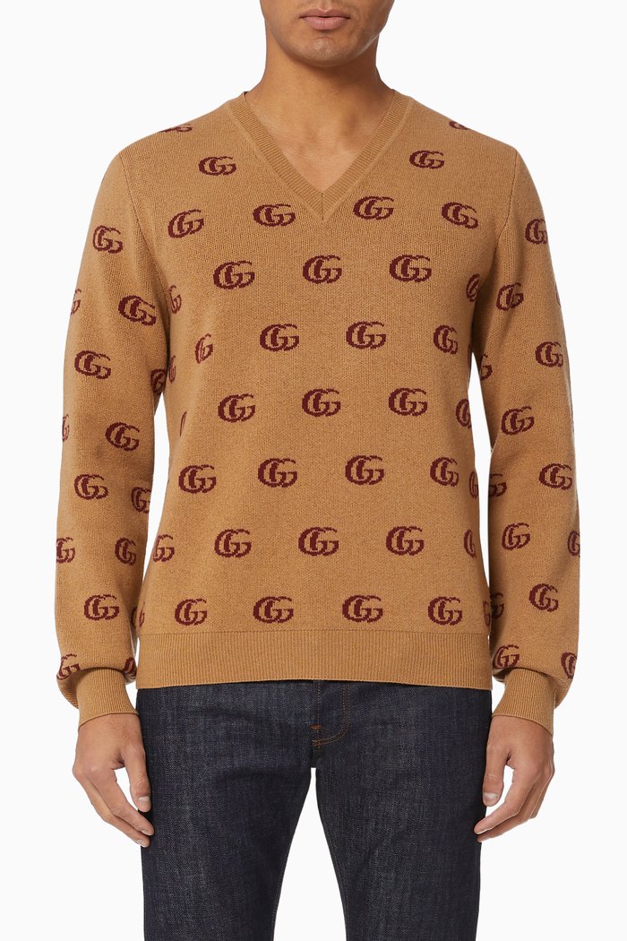 

Double G Jacquard Wool V-Neck Jumper, Neutral