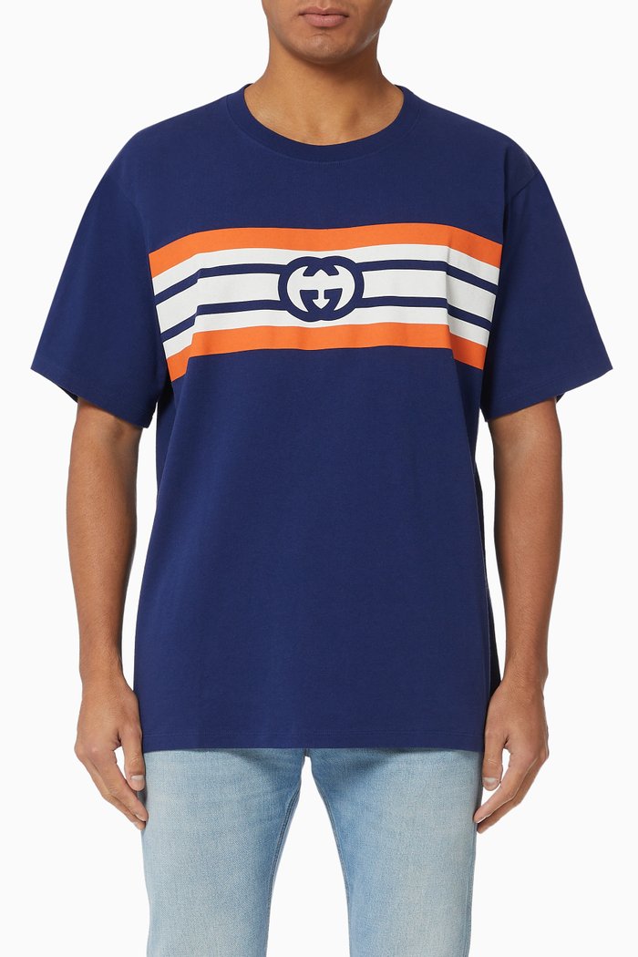 

Interlocking G Stripe Print Cotton T-shirt, Blue