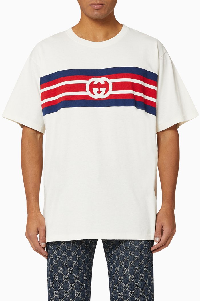 

Interlocking G Stripe Print Cotton T-shirt, Neutral
