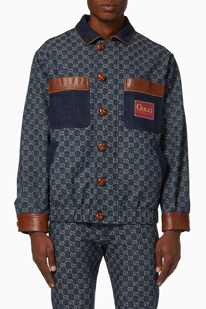 

GG Jacquard Denim Bomber Jacket, Blue