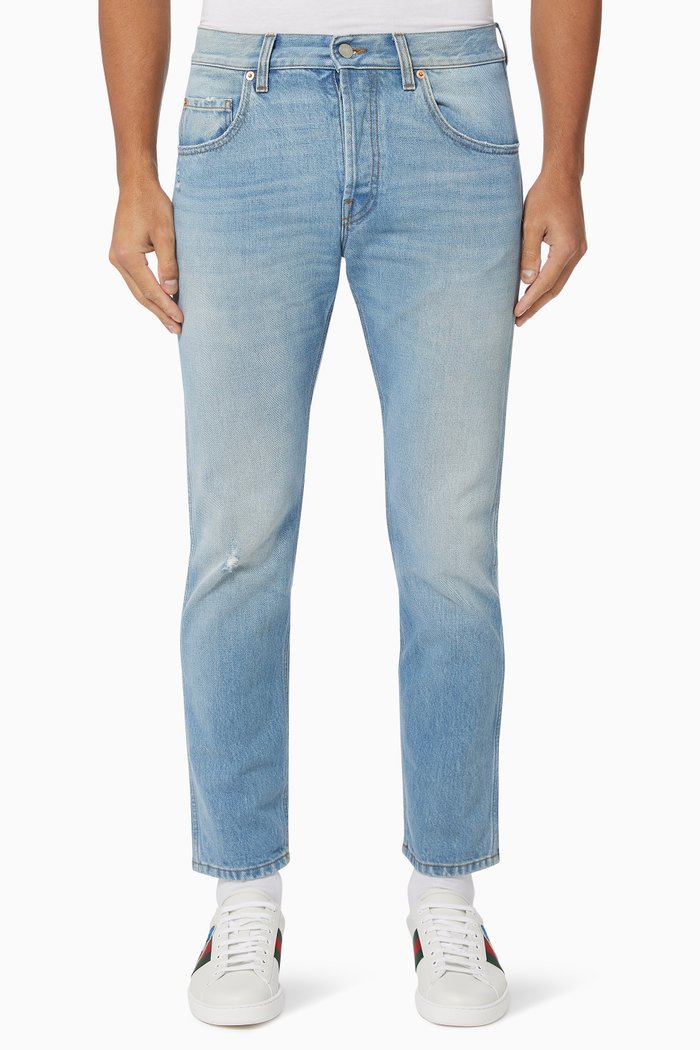 

Tapered Eco Bleached Denim Jeans, Blue