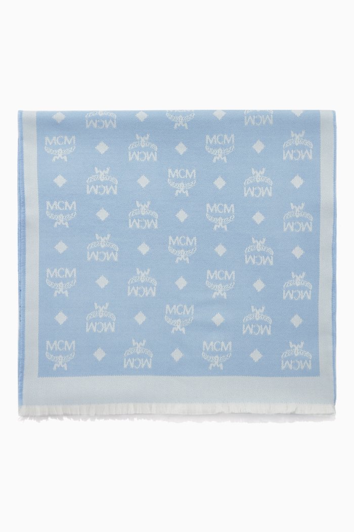 

Monogram Print Stole in Wool, Blue
