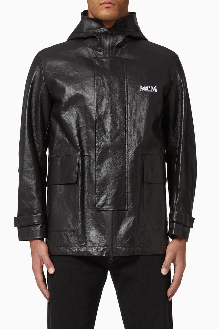 

Logo Embroidered Leather Parka, Black