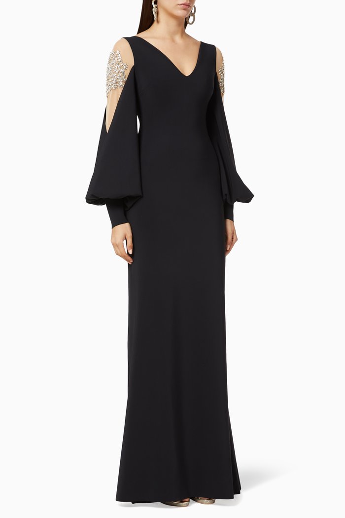 

Nala Crystal Embellished Illusion Gown, Black