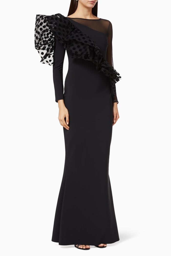 

Raven Illusion Ruffled Gown, Black