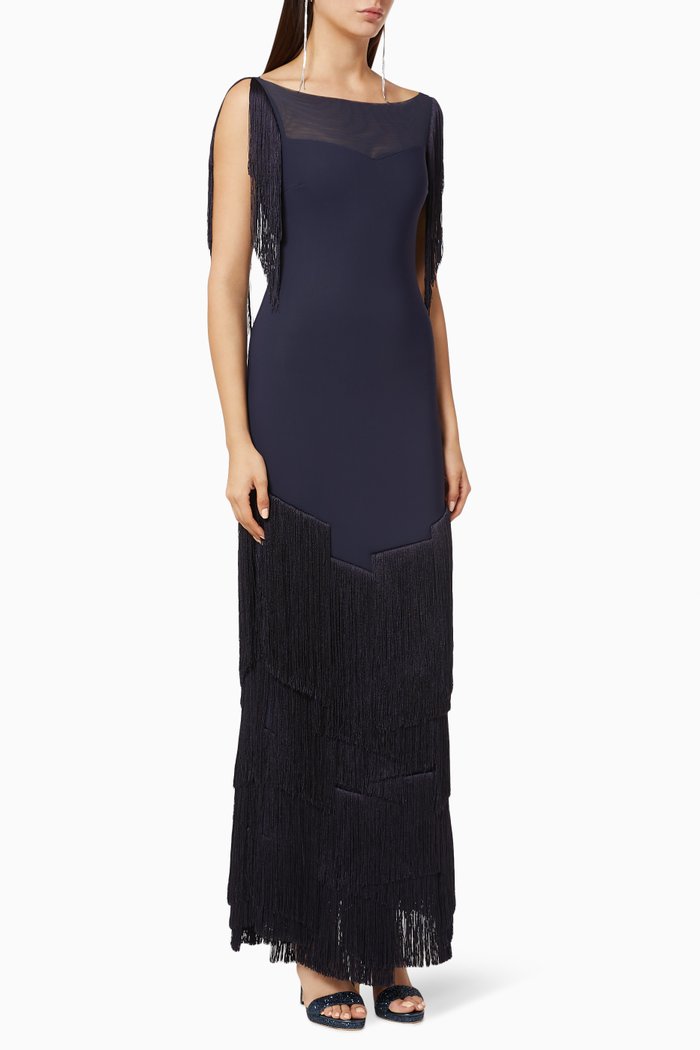 Alena Illusion Fringe Detail Gown, Blue