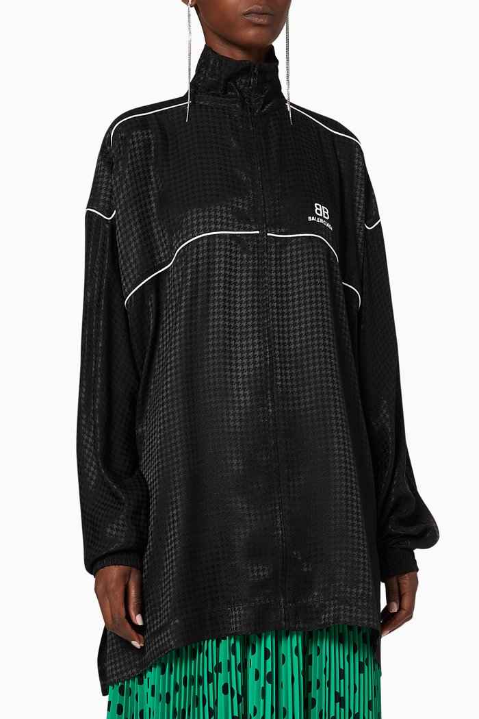 

Small Fit Tracksuit Jacket in Shiny Houndstooth Jacquard, Black