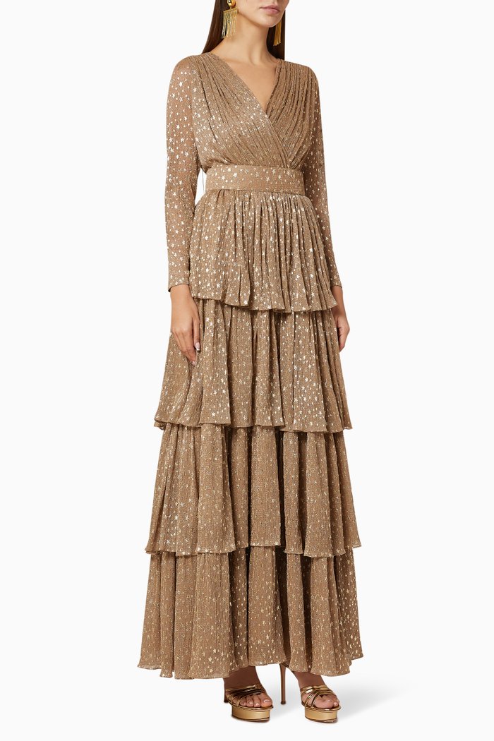 

Star Print Mesh Tiered Dress, Gold