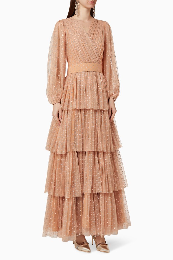 

Glittery Mesh Tiered Dress, Pink