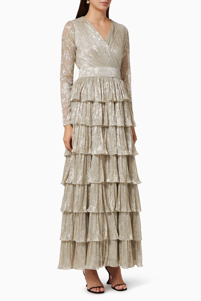 

Metallic Mesh Tiered Dress, Gold