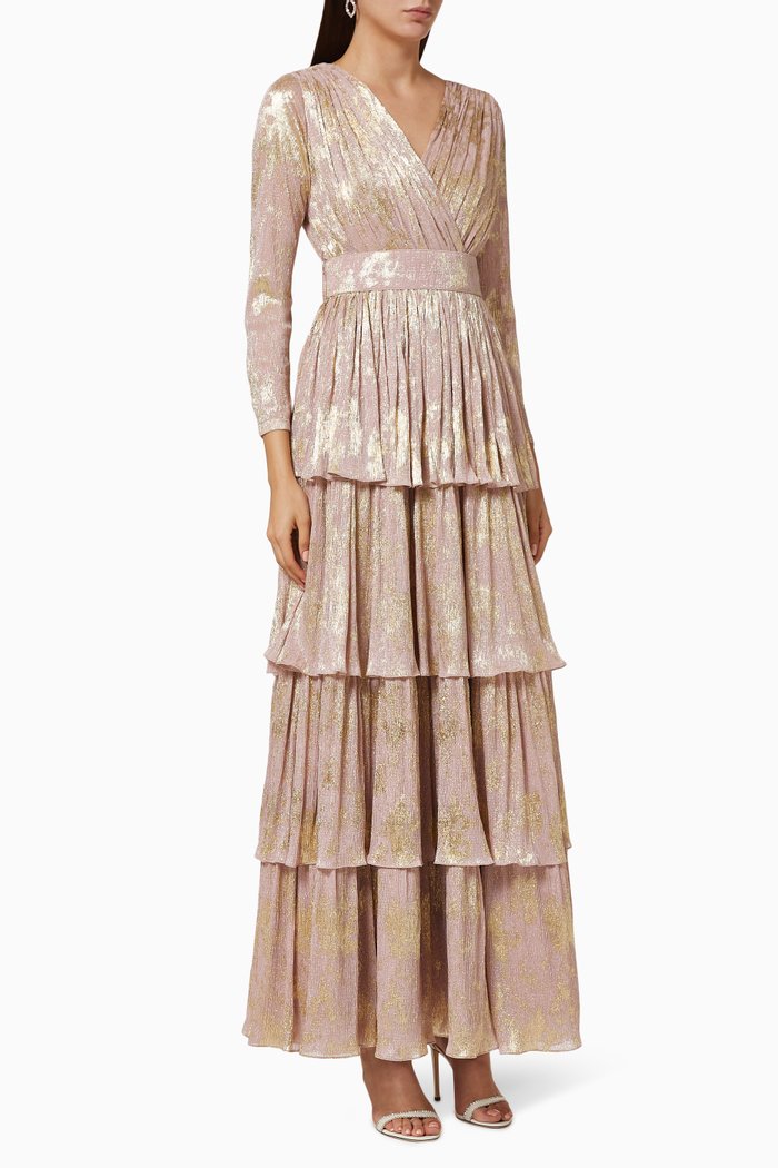 

Metallic Mesh Tiered Dress, Pink