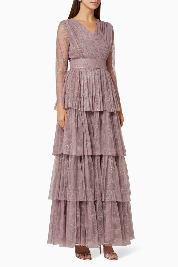 

Glittery Mesh Tiered Dress, Purple