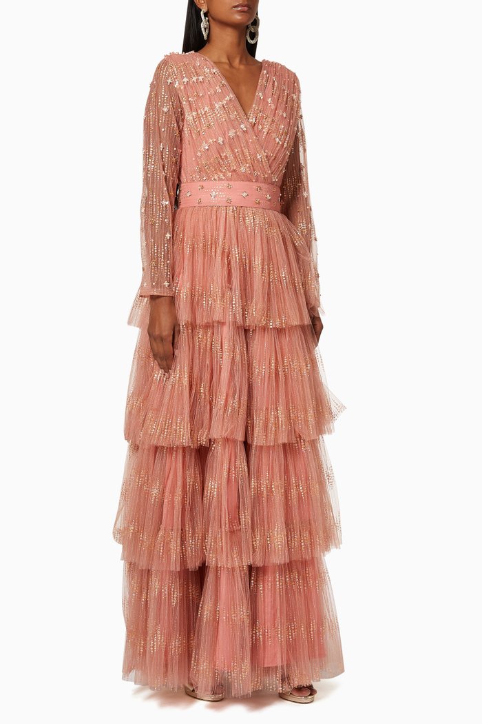 

Embellished Tiered Mesh Dress, Gold