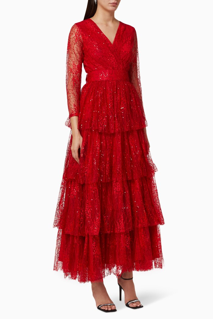

Glittery Lace Tiered Dress, Red