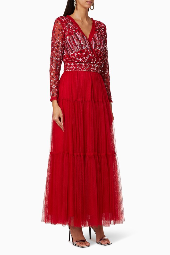 

Embellished Tiered Mesh Dress, Red