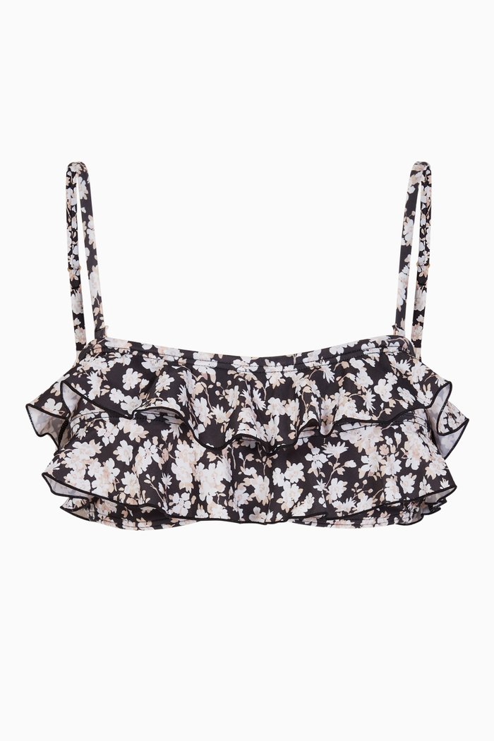 Ruffled Floral Bikini Top, Black
