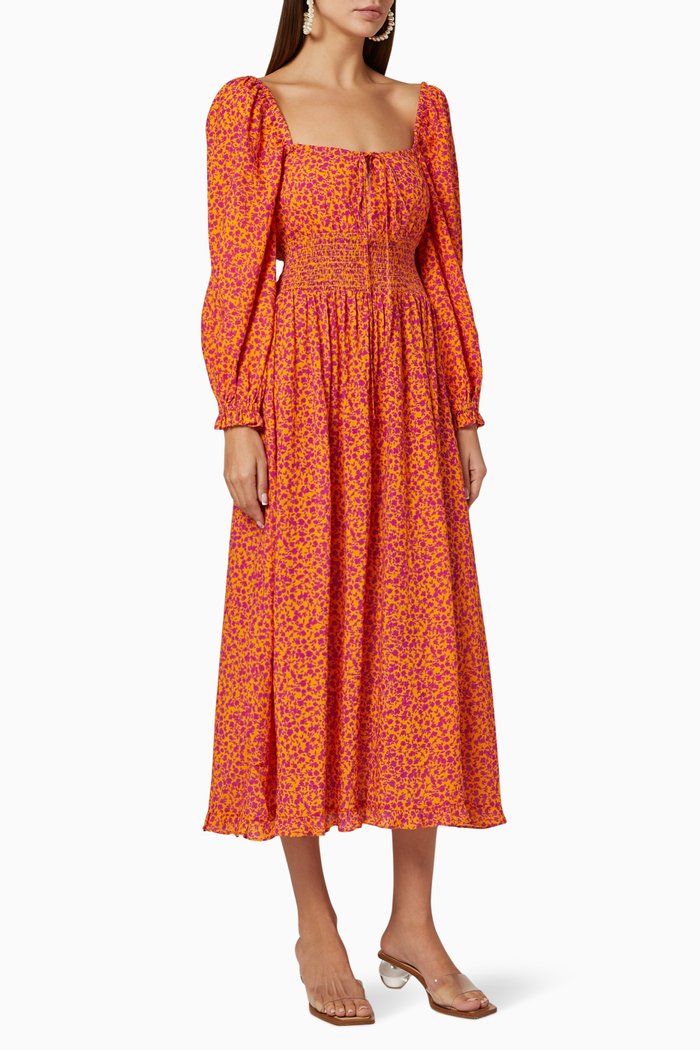 

Balloon Sleeves Linen Midi Dress, Pink