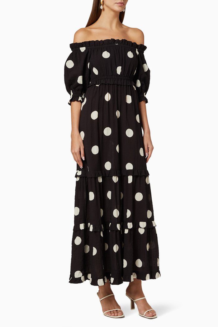 Off The Shoulder Polka Dot Maxi Dress, Black