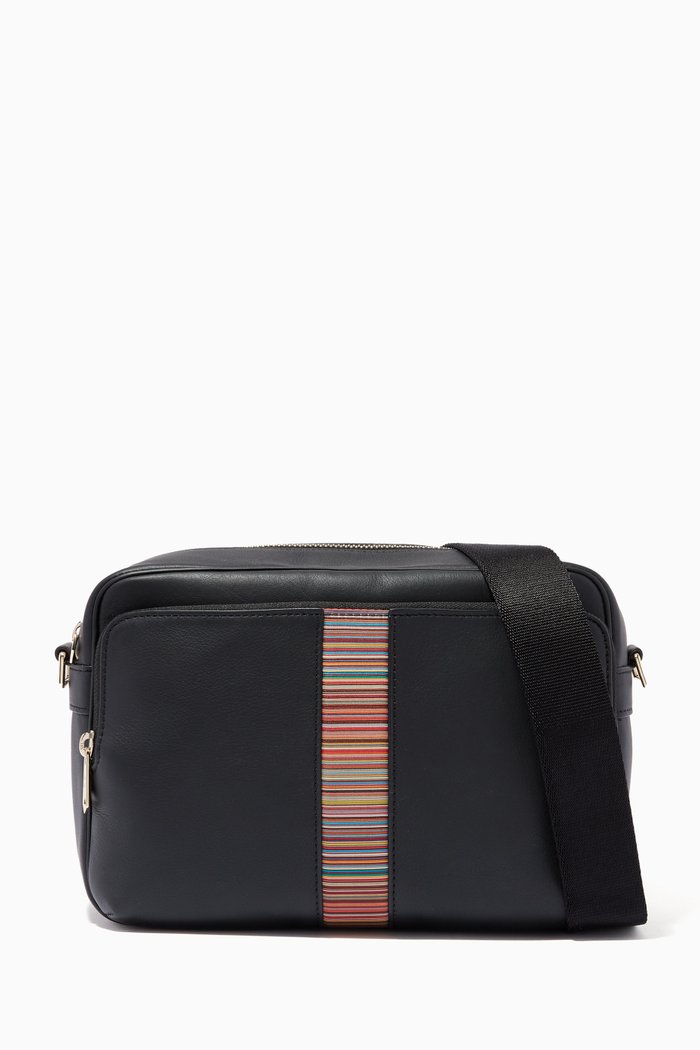

Signature Stripe Crossbody Bag in Leather, Black