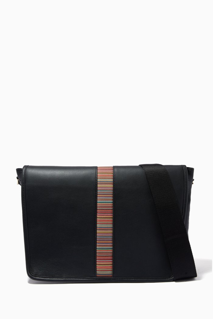 

Signature Stripe Messenger Bag in Leather, Black