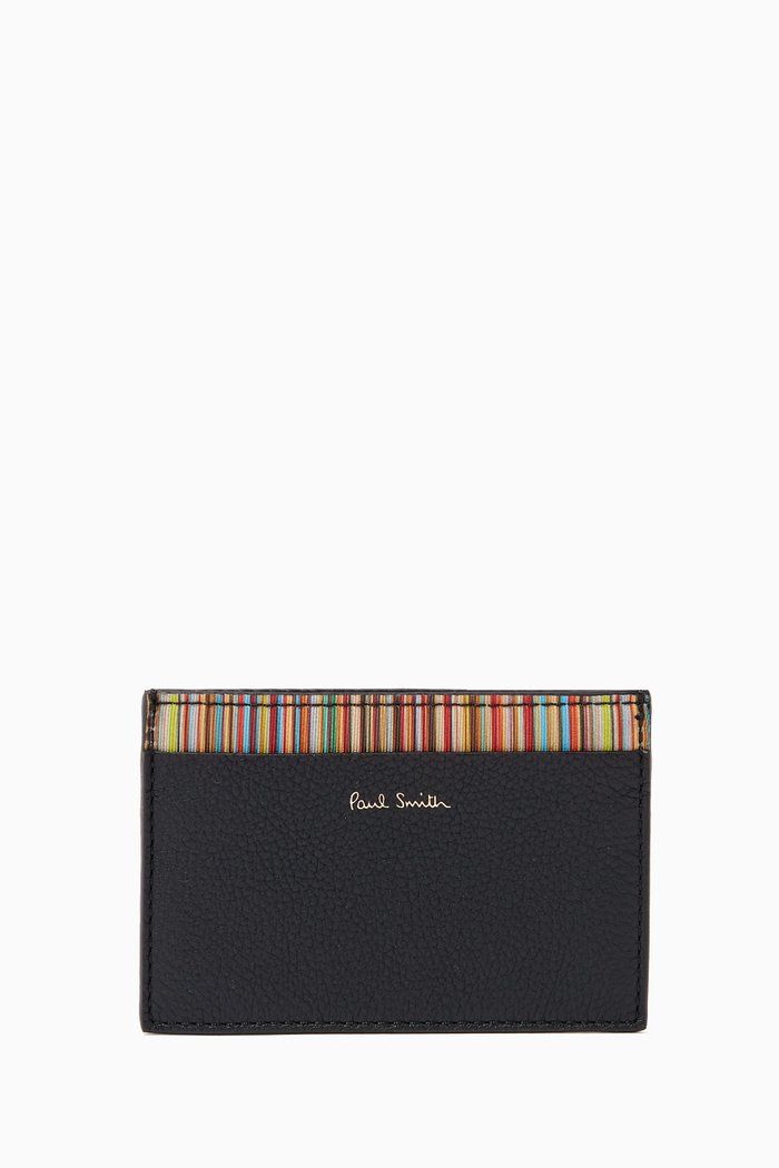 

Signature Stripe Card Holder in Leather, Black