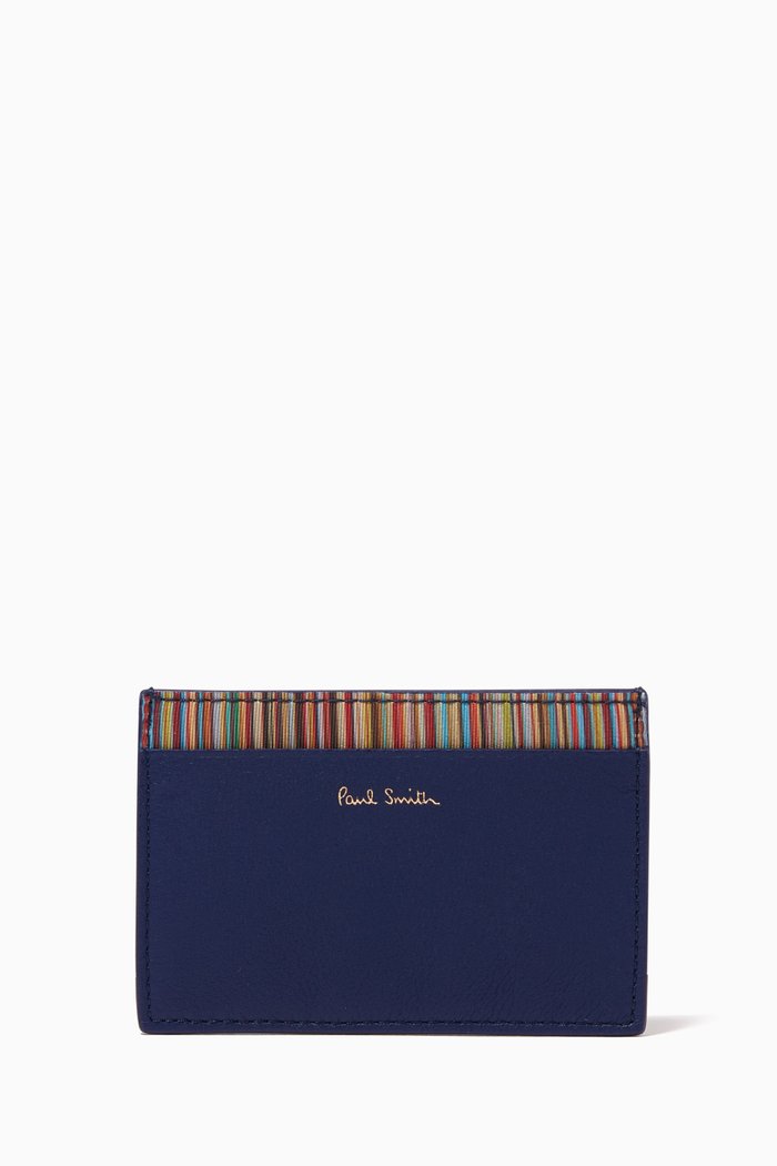 

Signature Stripe Card Holder in Leather, Blue
