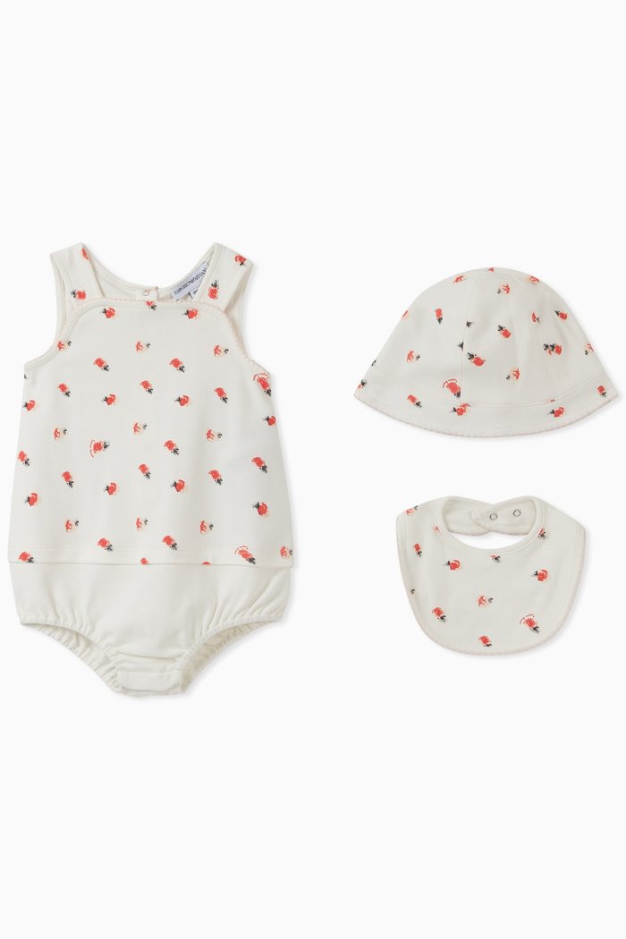 

Rose Print Cotton Romper, Hat & Bib Set, White