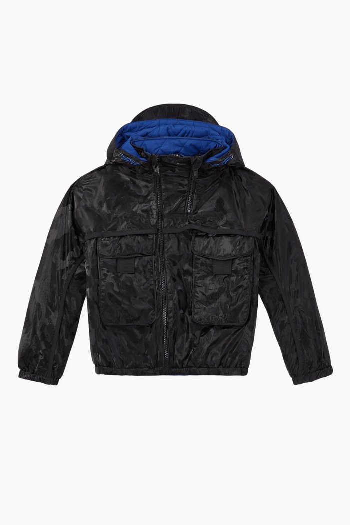 

Camo Hooded Nylon Windbreaker Jacket, Black