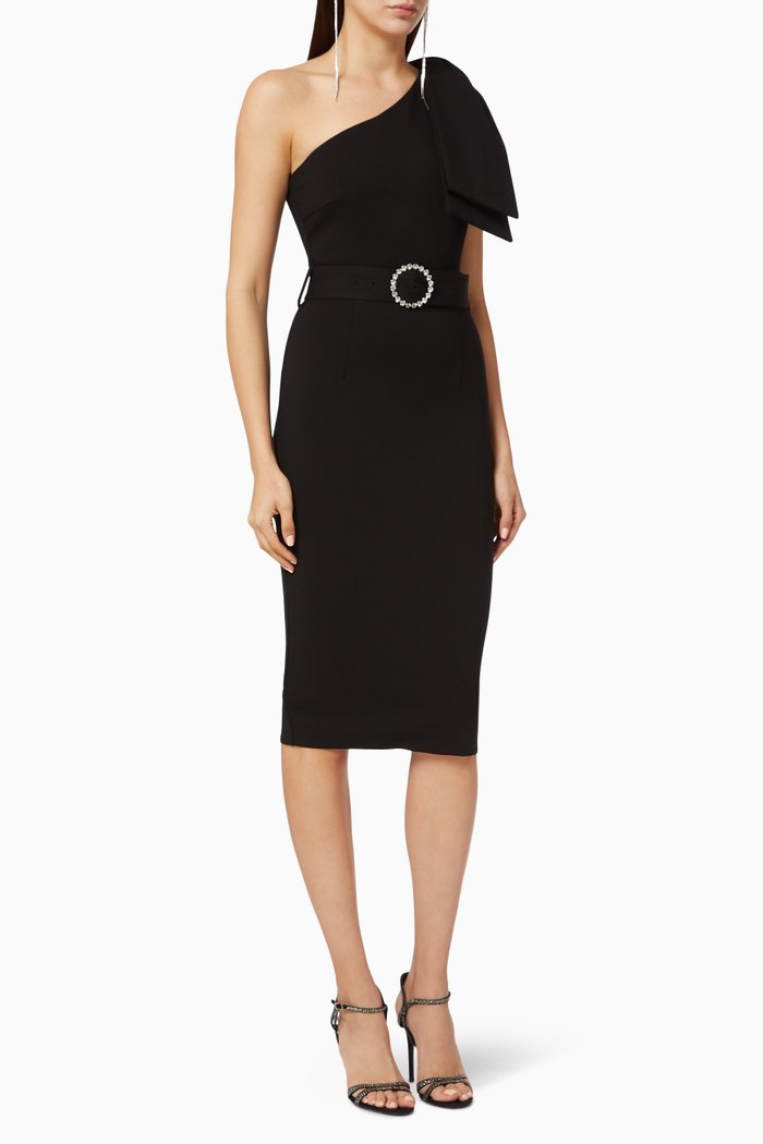

Statement Bow Shoulder Ponte Midi Dress, Black